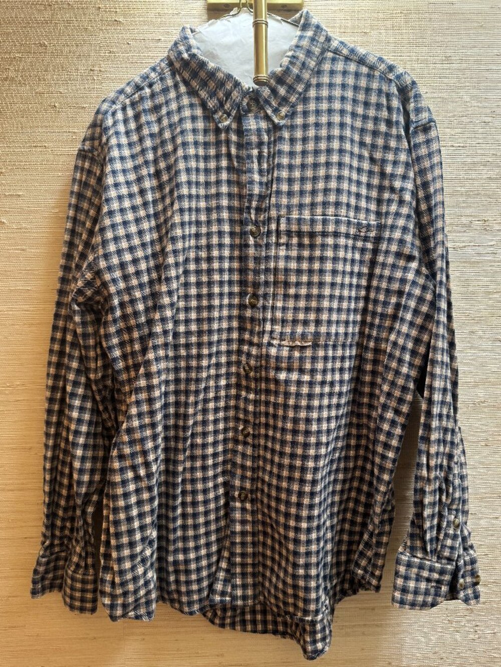 Drake Waterfowl Mens Large Plaid Hunting Outdoor Shirt Navy Tan